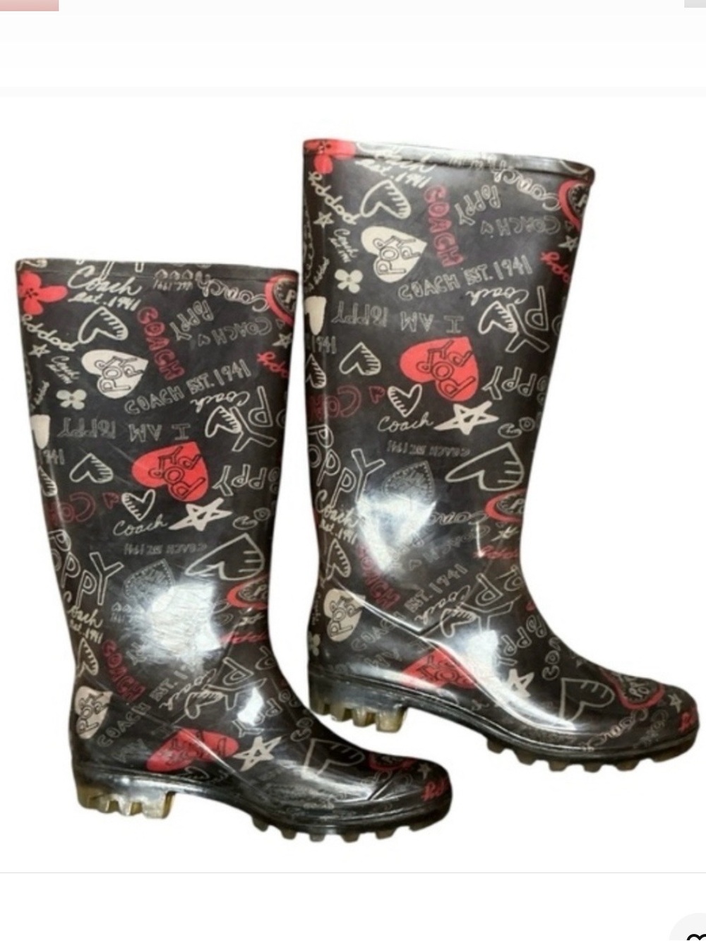 Coach Black Rain Boots with Red and Cream Logo Hearts